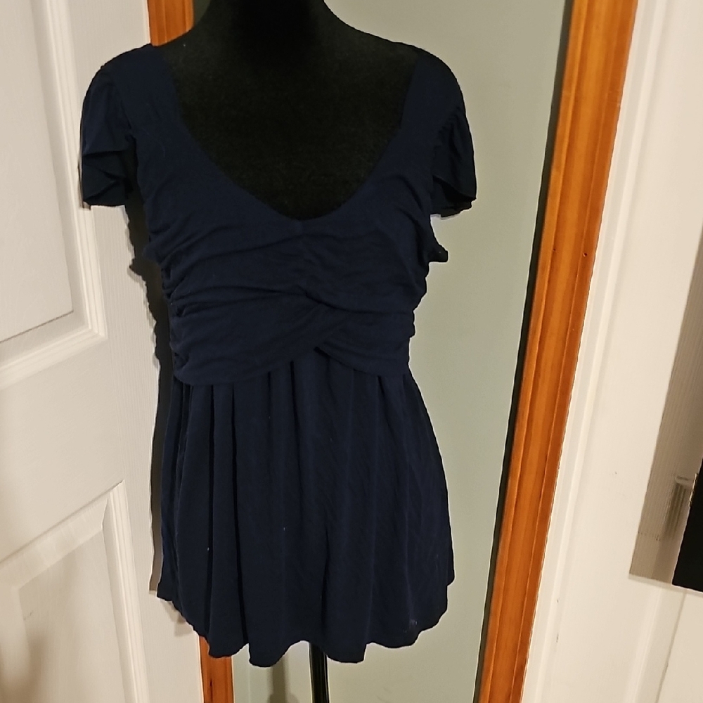 Blue Ruched Pleated Blouse